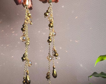 Elegant champagne wedding earrings, Long gold earrings with beads, gift for women