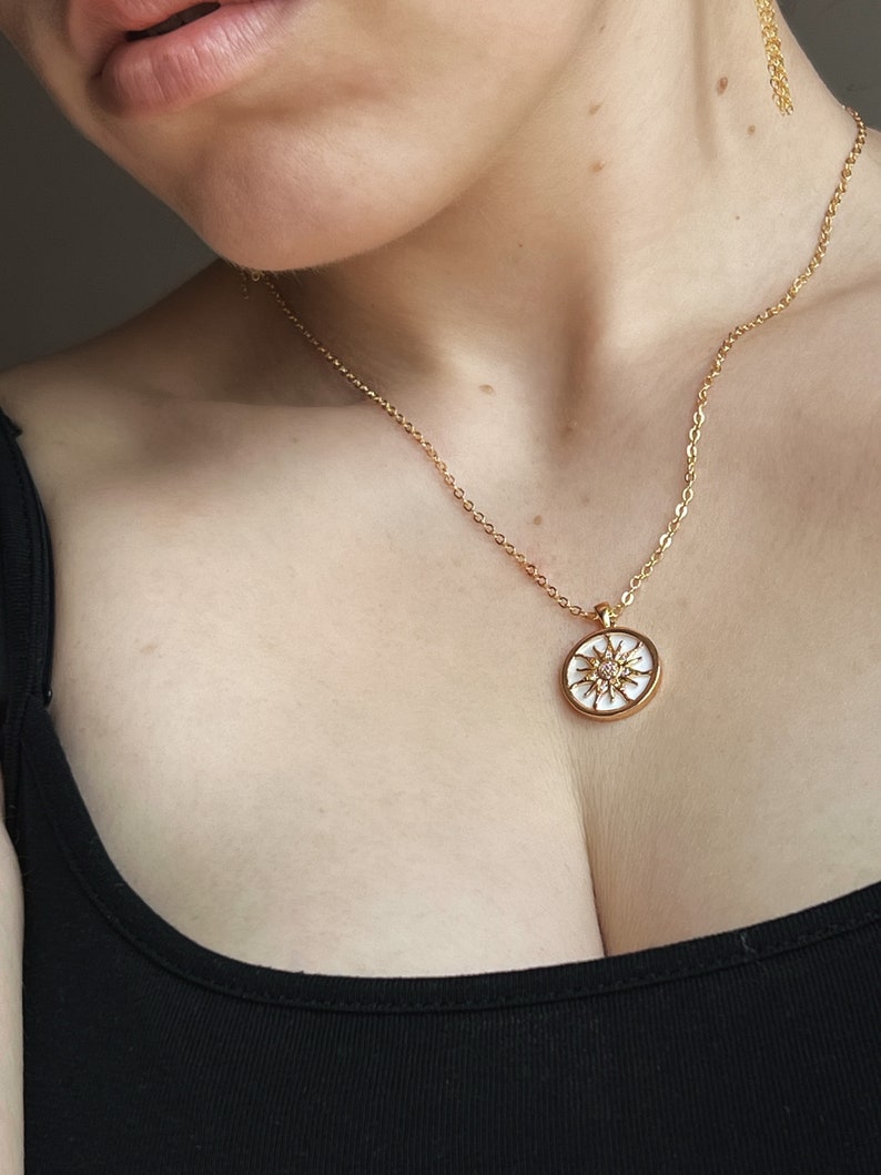 Sun pendant on gold chain, Gold Coin chain, Necklace coin Perl, Basic necklace chain image 5