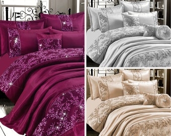 GIGI Embroidered Lace Duvet Cover with Pillowcase Luxury Diamante Quilt Silk Satin Bedspread Bed Sets & Filled Cushion