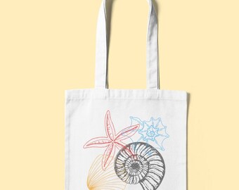 May include: White tote bag with a colorful illustration of seashells and a starfish. The design is outlined in red, blue, and orange.