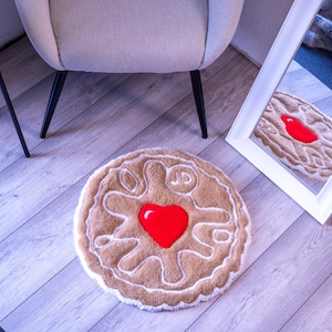 Tufted Biscuit Rug: Kawaii Cookie Style, Red Heart Center