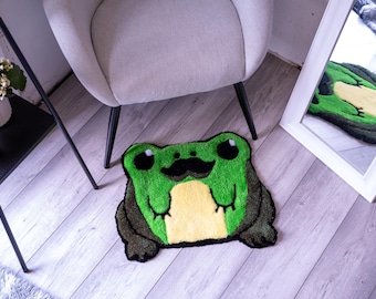 Handmade Tufted Frog Rug: Whimsical Acrylic Carpet with Mustache