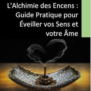 Puede incluir: Una portada de libro con el título "L'Alchimie des Encens: Guide Pratique pour Éveiller vos Sens et votre Âme" de Kris Roots. La portada presenta una columna de humo en forma de corazón que se eleva desde un quemador de incienso de cerámica.