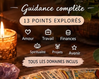 Puede incluir: Un anuncio de servicio de lectura de cartas del tarot con el texto TIRAGE TAROT MENSUEL, Guidance complète, 13 POINTS EXPLORÉS, Amour, Travail, Finances, Spiritualité, Projets, Avenir y TOUS LES DOMAINES INCLUS, con cartas y una vela.