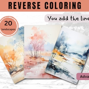 Könnte beinhalten: Umgekehrtes Malbuch mit 20 Aquarelllandschaften. Das Buch enthält drei Beispielseiten mit verschiedenen Landschaften, jede mit einem Aquarell-Farbverlauf. Der Text "You add the lines!" befindet sich oben auf der Seite. Der Text "Advanced" befindet sich unten auf der Seite.