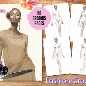 May include: A set of 20 fashion croquis templates for drawing fashion designs. The templates feature a female figure in various poses, with a grid overlay for accurate proportions.