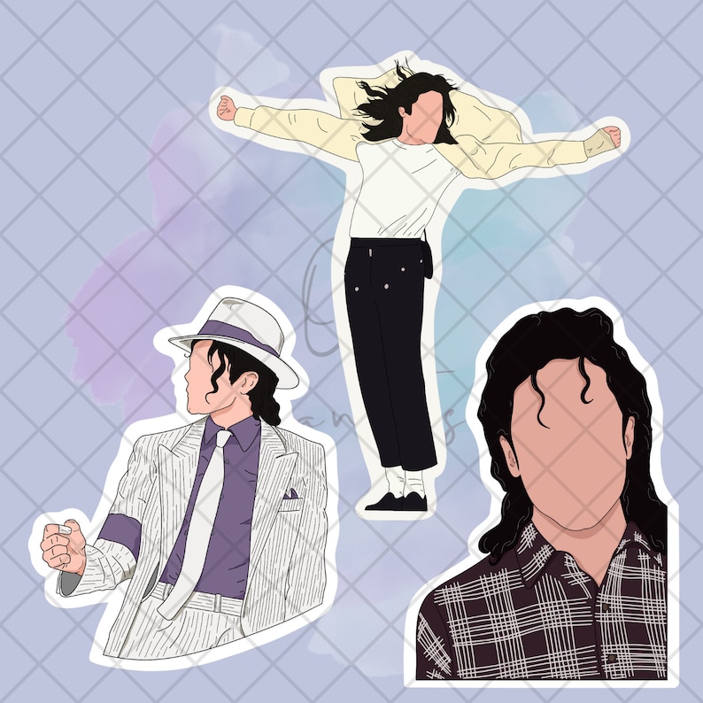 May include: Set of three stickers featuring illustrations of a person in various poses and outfits. One sticker shows the person in a white pinstripe suit and fedora. Another shows the person with arms outstretched. The third shows the person in a plaid shirt.