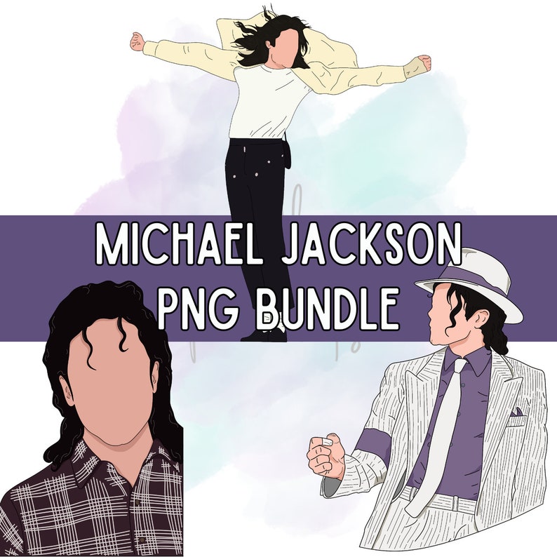 May include: Digital PNG bundle featuring three illustrations of Michael Jackson in various poses. One image shows him in a white suit, another in a casual outfit, and a third in a dancing pose. The text "MICHAEL JACKSON PNG BUNDLE" is also included.