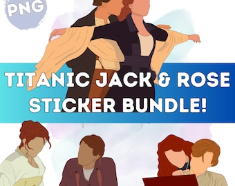 May include: A sticker bundle featuring illustrations of Jack and Rose from the movie Titanic. The main image shows the iconic pose with the text "TITANIC JACK & ROSE STICKER BUNDLE!" in white letters. Additional images of the characters are also included.