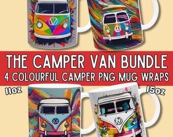 Camper Van Mug Wrap Bundle, Colourful Camper PNG, Rainbow Camper Van, Hippie Vibes, Stand Out Mug Wraps, Camper Life, Camper Van Mugs, POD.