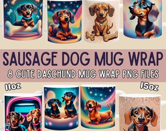 Sausage Dog Mug Wrap for Sublimation || Cute Daschund Mugs || Sausage Dog PNG || Colourful Dog || Digital Mug Wraps || POD || Mug Wrap PNG.