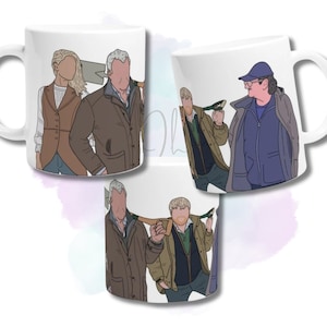 May include: White ceramic mug with a line art illustration of a group of people. The design includes figures in coats and vests, with one holding an axe. The mug has a curved handle and a glossy finish.