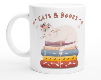 Cats and Books Coffee Mug, Bookworm, Cat Mom, Animal Lover, Moms Mug, Mugs for Cat Moms, Book Nerd, Her Mug, Coworker Gift, Theirs, Floral.