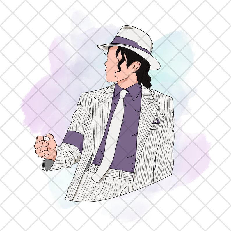 May include: Illustration of a person in a white pinstripe suit, white hat, and tie, with a purple shirt. The person is facing left, with their right arm raised in a fist. The background has a watercolor effect with purple and blue hues.