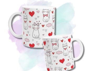 Cute Cat Love Heart Valentines Couple Gift, For My Love, Girlfriend Gifts, Her Birthday, His Birthday, Animal Lovers, Cat Prints, Wife’s Mug