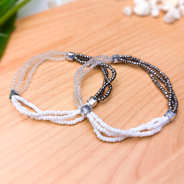 Bracelet, bracelets, arm chain, glass beads, rocailles, crystal glass beads, multiple rows, 3 rows, white silver, elastic, elastic band