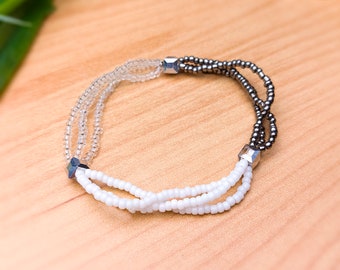 Bracelet, bracelets, arm chain, glass beads, rocailles, crystal glass beads, anthracite, white, elastic, nylon strap