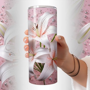 3D White Pink Lilies Sparkle Silver 20 oz Skinny Tumbler Sublimation Design Digital Download PNG Instant, Flower Tumbler