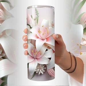 3D White Pink Lilies 20 oz Skinny Tumbler Sublimation Design Digital Download PNG Instant, Flowers Tumbler, Instant Digital Download PNG