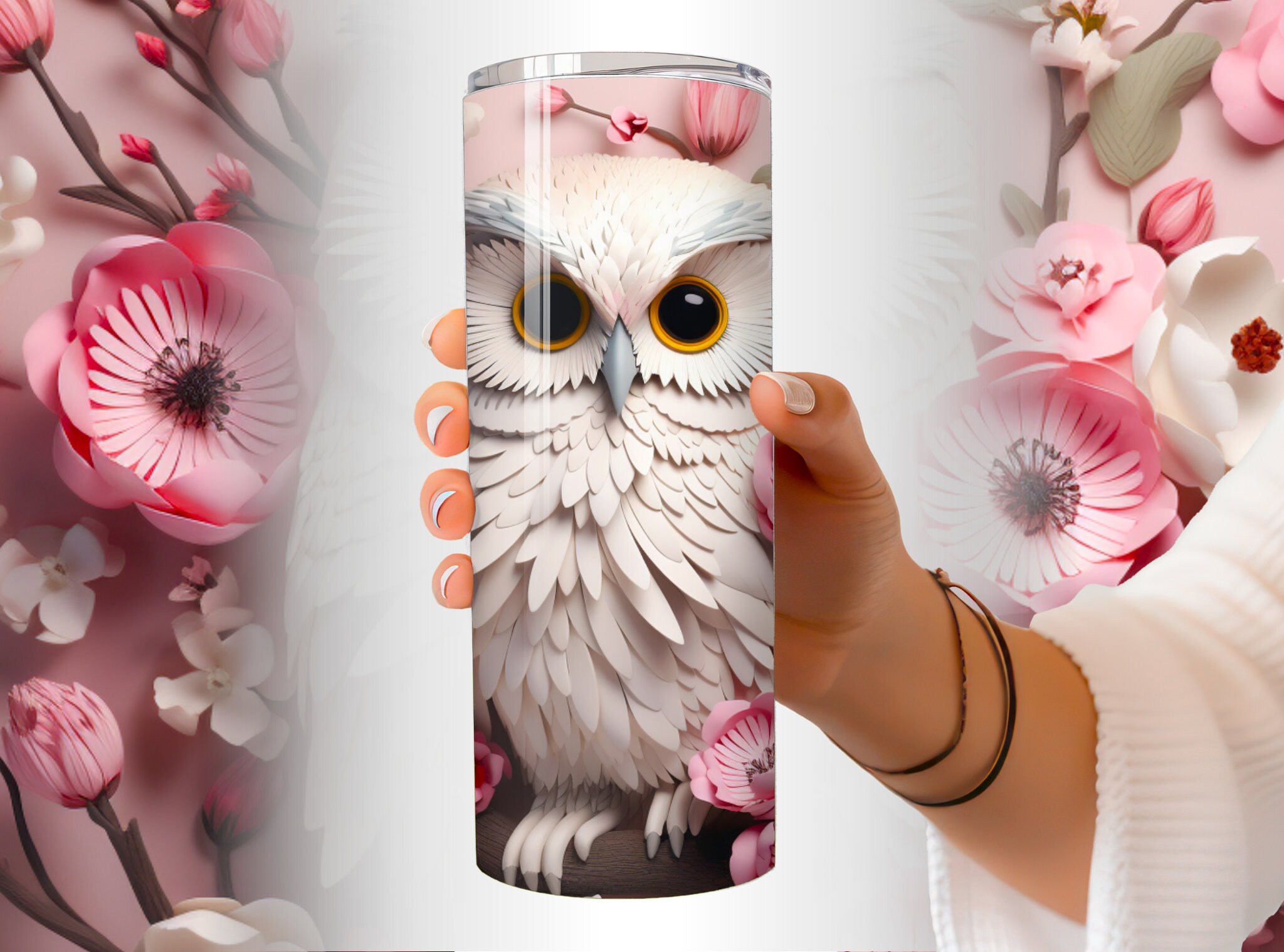 3D Cute White Owl Pink Flowers 20 oz Skinny Tumbler Sublimation Design, Straight Tumbler Wrap, Insta