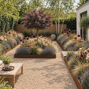 Può includere: Un paesaggio da giardino con un albero centrale dal fogliame viola circondato da aiuole in metallo rialzate piene di dalie rosa, lavanda viola ed erbe ornamentali. Un sentiero di ghiaia chiara attraversa il giardino, con un tavolo in legno in primo piano.