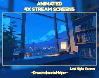 4x Animated Stream Lofi Night Stream Screens , Aesthetic , Streamer Overlays , Miami Vibe ,Blue , Chill , Twitch , BRB Screen , Cozy Room