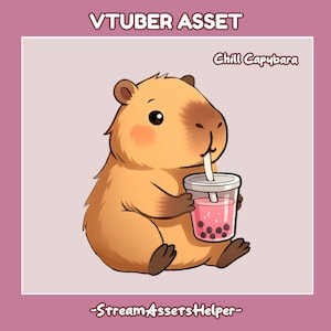 May include: Illustration of a cartoon capybara with a drink. The capybara is light brown with a darker brown patch on its head and cheeks. It holds a clear cup with pink liquid and dark boba pearls. Text reads "VTUBER ASSET", "Chill Capybara", and "-StreamAssetsHelper-".