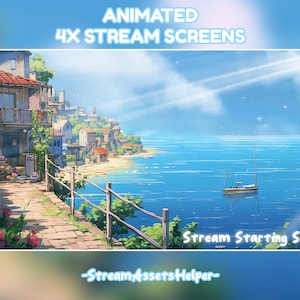 Pode incluir: Ecrãs de transmissão animados com um céu azul, nuvens brancas, um pequeno veleiro num oceano azul e uma pequena cidade numa encosta. O texto "Stream Starting Soon" está na parte inferior da imagem.