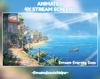 4x Animated Stream Screens Summer Town / Blue Ghibli Aesthetic / Streamer Overlays / Sea / Landscape / Chill / Twitch / Starting Screen