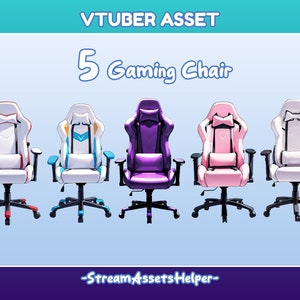 May include: Five different coloured gaming chairs. The chairs are white, blue, purple, pink, and white with a bow. The chairs have a high back, armrests, and a five-star base. The text "VTUBER ASSET 5 Gaming Chair" is at the top of the image.