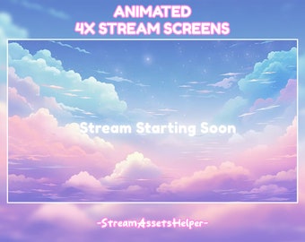4x Animated Stream Screens Pastel Cloud / Pink Lofi Aesthetic /  Streamer Overlays / Kawaii / Purple / Chill / Twitch / BRB Screen