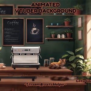 Könnte beinhalten: Eine gemütliche Cafészene mit einer grünen Wand, einer Holztheke, einer Kaffeemaschine, einer Katze und Pflanzen. Es gibt zwei Tafeln mit dem Wort "Kaffee" darauf. Eine Tafel listet Kaffeegetränke auf: Espresso, Mocha, Latte, Cappuccino. Die andere Tafel zeigt eine Zeichnung einer Tasse Kaffee. Der Text "Cozy Cafe" steht in der rechten unteren Ecke des Bildes.