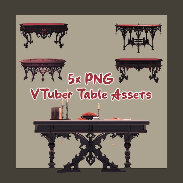 5X Gothic Table for Vtubers , Vtube streaming assets Vtubing Streamer Vampire Desk Props  Twitch, Dark , Demonic, Assets, Black, Red