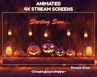 4x Animated Stream Pumpkin Room Stream Screens, Aesthetic,  Streamer Overlays, Halloween, Goth Room, Orange, Twitch, BRB Screen, Vtuber