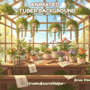 Peut inclure: Illustration animée d'un arrière-plan de serre avec une table en bois ornée de plantes en pot et de paniers suspendus. Le texte "ANIMATED VTUBER BACKGROUND" et "Green House" est visible.