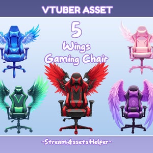 May include: Five different colored gaming chairs with wings. The chairs are blue, pink, green, red, and purple. The text "5 Wings Gaming Chair" is above the chairs. The text "StreamAssetsHelper" is below the chairs.
