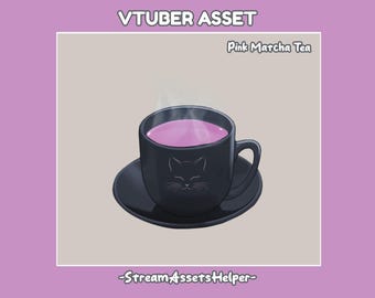 Pink Matcha Tea For Vtuber, Vtube Streaming Assets, Vtubing Streamer, Props, Cozy Twitch, Cute, Kawaii, Assets, Cat, Black, Animated Tea Cup