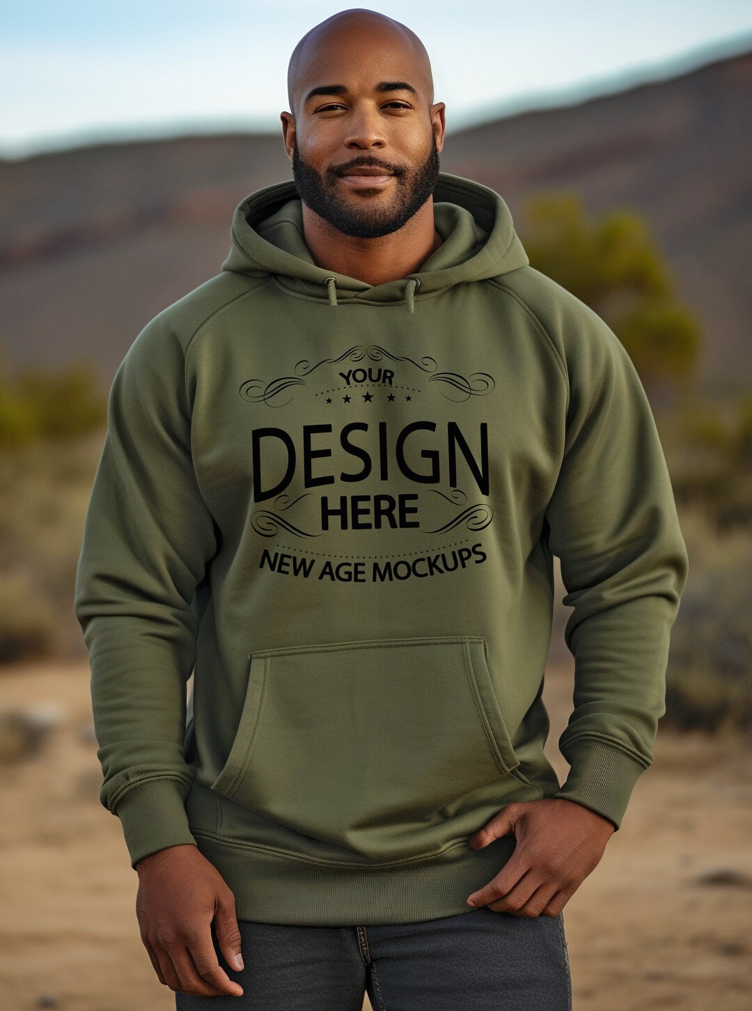 Military Green Gildan 18500 Hoodie Mockup, Man Hoodie Mockup, Black Man