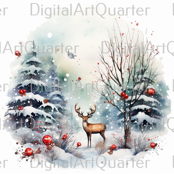 5 different Christmas motifs, template greeting card, watercolor drawing, 4k clip art, instant download, high quality, Santa Claus #100