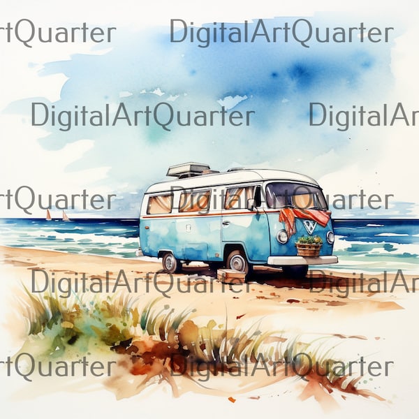 5 different camper motifs, watercolor png, drawing as a digital download, high quality, 4k clip art, caravan #228