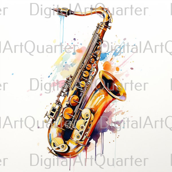 5 different saxophone motifs, watercolor png, drawing as a digital download, in high quality, 4k clip art, wallpaper, background #127