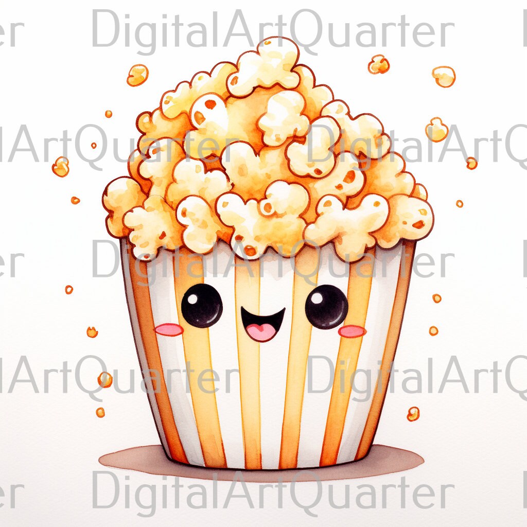 5 Different Cute Kawaii Popcorn Motifs, Watercolor Png