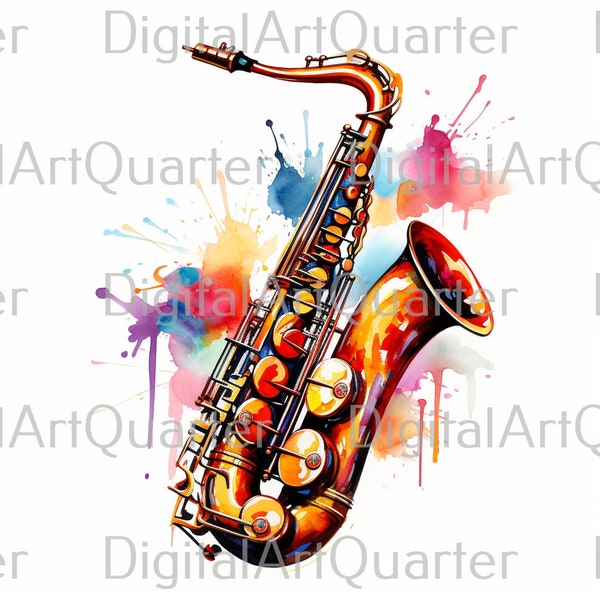 5 different saxophone motifs, watercolor png, drawing as a digital download, in high quality, 4k clip art, wallpaper, background #128