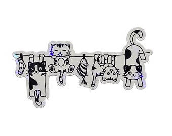 Clothesline Cats UV resistant & Waterproof Sticker with Holographic Lamination, 3*1.7&quot;, cat lovers, cat sticker, cats, gift, kids gift