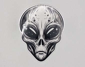 Alien Head UV Resistant & Waterproof Sticker, Clear Lamination, 2.3*3&quot;, Alien, UFO, Outer Space Life, Extraterrestrial, Water bottle sticker