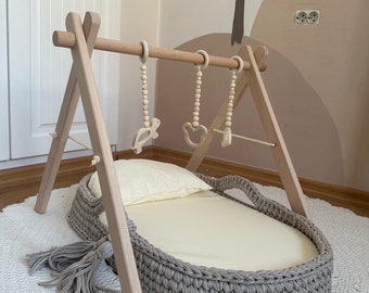 Crochet Made Knitted Handmade Exclusive Baby Changing Basket with Combed Fabric Yarn Crib Set, Changing Table Baby, Wooden Play Natural Toys