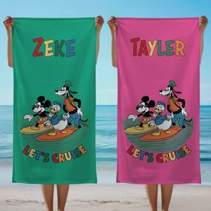 Custom Disney Let&#39;s Cruise Beach Towel,Mickey Donald Goofy Group Trip Towels,Family Vacation,Summer Cruise Personalized Gift