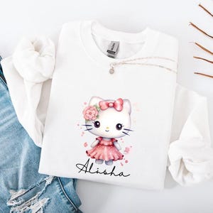 Custom Kitty Sweatshirt, Hello Cat Hoodie with Name, Lovely Cat Sweater,  Hello Cat Shirt,Colorful Kitty Sweatshirt, Birthday Girl Hoodie