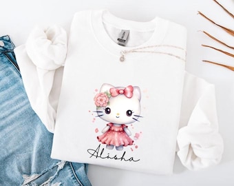 Custom Kitty Sweatshirt, Hello Cat Hoodie with Name, Lovely Cat Sweater,  Hello Cat Shirt,Colorful Kitty Sweatshirt, Birthday Girl Hoodie