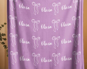 Coquette Bow Custom Name Blanket, Personalized Bow Aesthetic Throw, Soft Cozy Gift for Girls,Cute Bow Bedding, Custom Name Gift Blanket